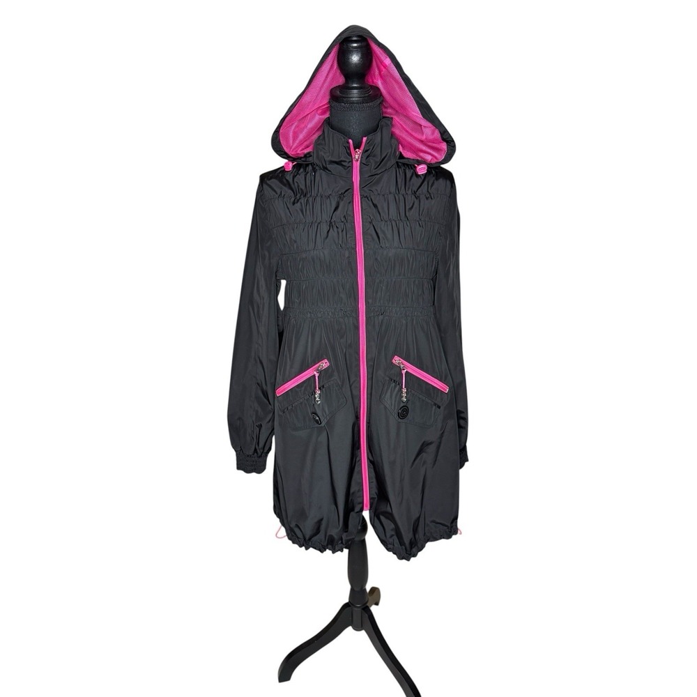 Women's Sz M Betsy Johnson Rain Coat Rain Jacket Black Hot Pink